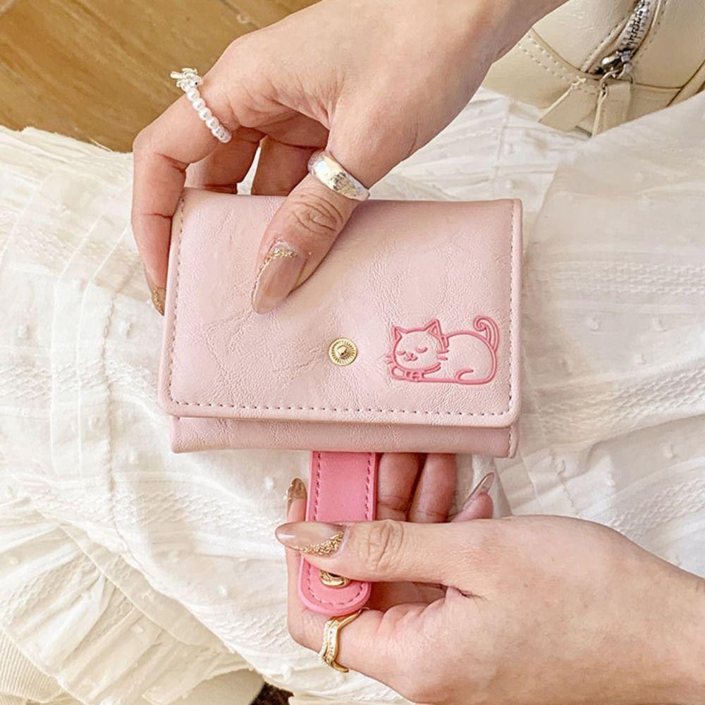 Милый Короткий Кожаный Кошелек PU Кожаный Трехскладной Кошелек Универсальный Кошелек с Принтом Кошки Для Девочек