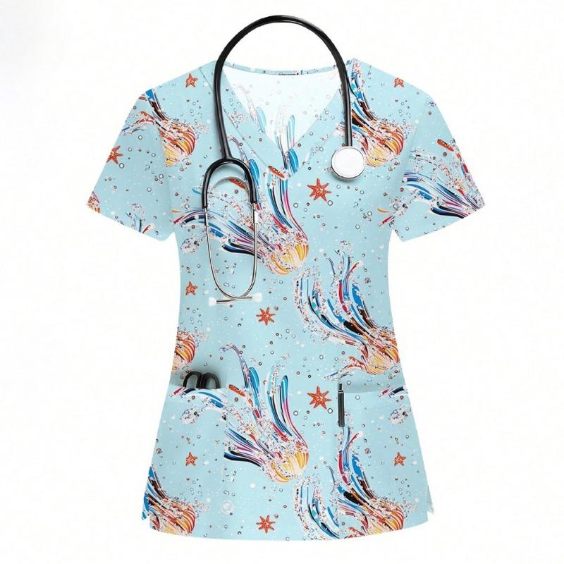 Cartoon Animal Nursing Scrubs Tops Women Nurse Uniform Women Fashion V-Neck Pocket Overalls Medical Uniforms Uniformes Woman