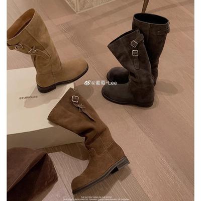 Увеличение высоты см~ трехмерный круглый носок молния ремень с пряжкой толстый каблук рыцарские сапоги женские осенне-зимние кожаные полусапоги