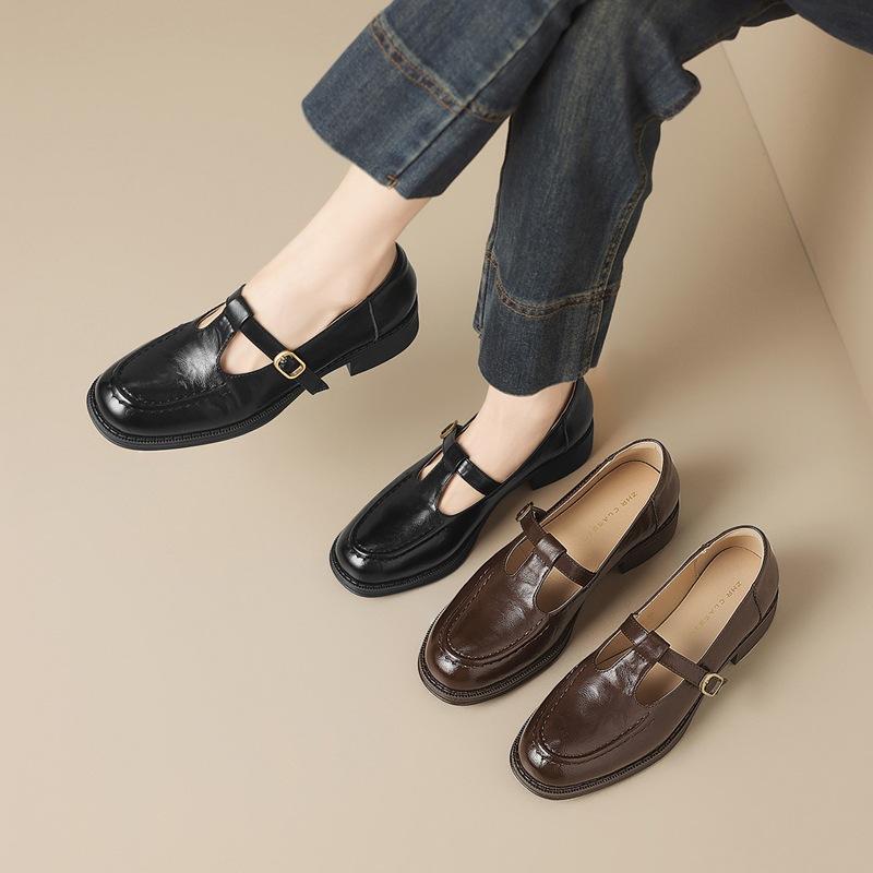 Винтажные туфли Мэри Джейн Легкие женские туфли Британский стиль Маленькие кожаные туфли Французские лоферы Круглый носок Одинарные туфли