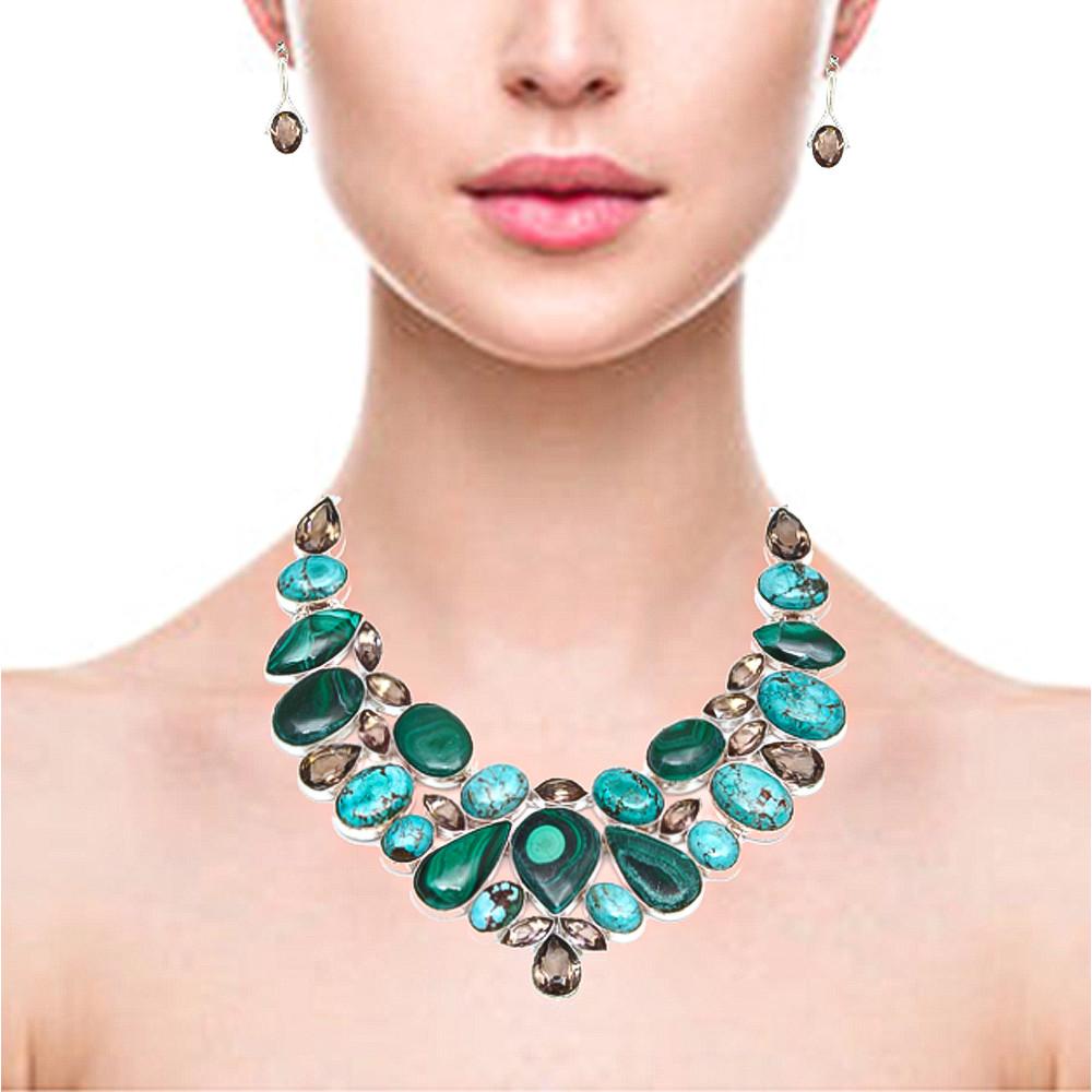 Ожерелье и комплект украшений из малахита и тибетской бирюзы 18-20''