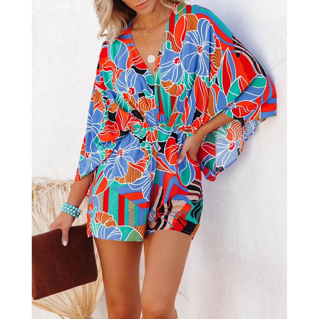 Women Printed Batwing Sleeve V Neck Loose Collect Waist Bandage Jumpsuit