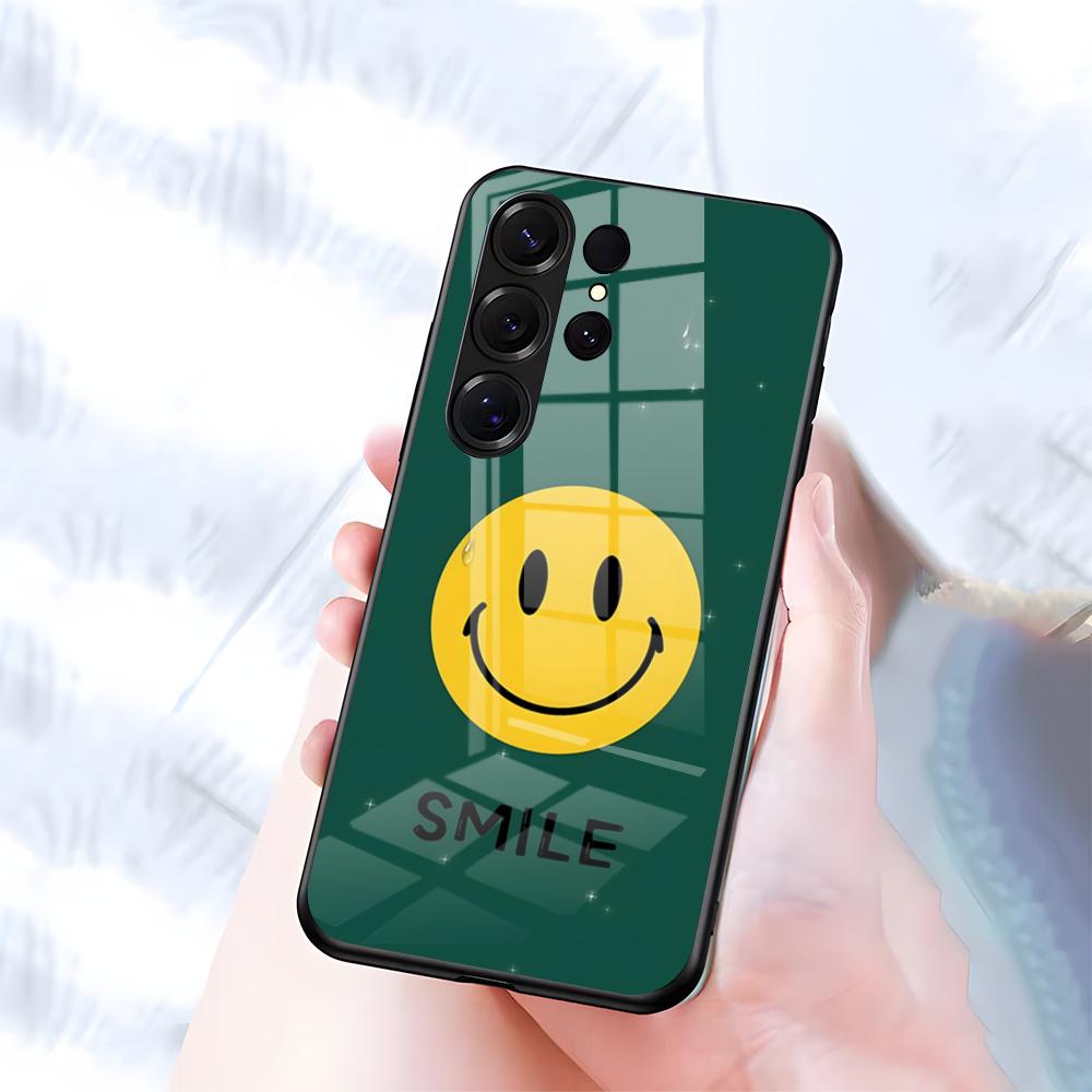 Аниме Чехол с улыбкой для Samsung S26 S25 S24 FE S23 S22 S21 Plus S20 Ultra Note20Ultra Черная Стеклянная Крышка