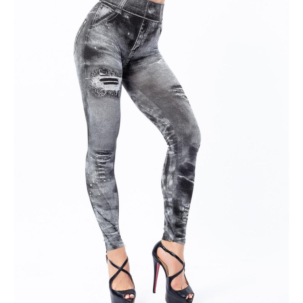 Сексуальные эластичные леггинсы с искусственной имитацией джинсов, штаны с высокой талией, тонкие леггинсы для фитнеса, спортивные леггинсы пуш-ап для женщин
