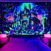 Солнечный Хэллоуинский Гобелен с УФ-активным Мун Каслом, Триповые Черепа для Декора Комнаты, Черный Свет, Готические Постеры на Стену