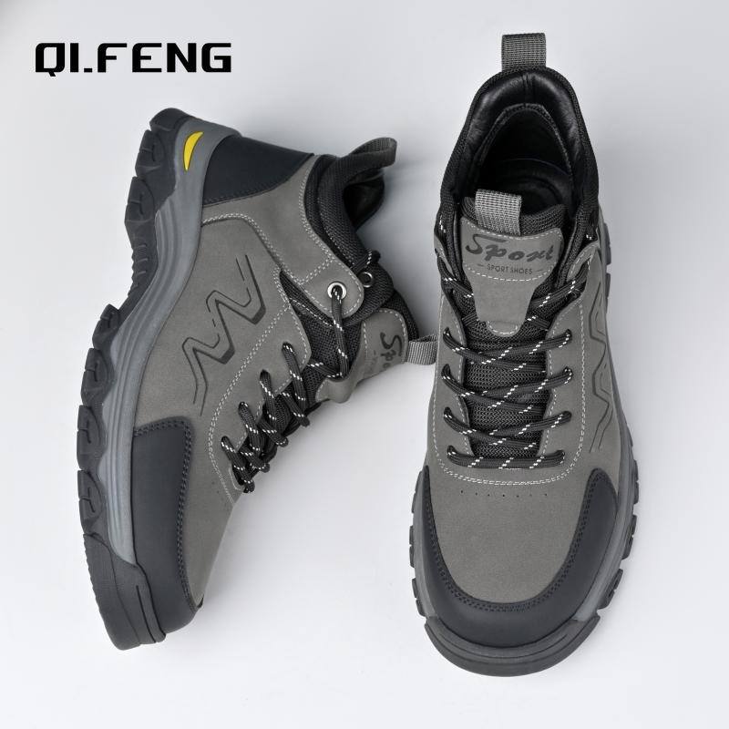 Men Outdoor Travel Hiking Mountaineering Shoes Large Genuine Leather High Top Casual Shoes  Anti Slip Wear-Resistant Sneaker