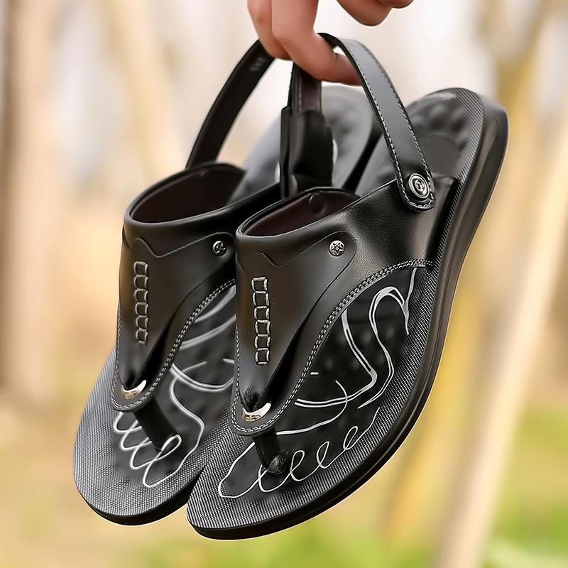 Мужские коричневые шлепанцы, летние кожаные британские ветровые и сандалии, тапочки, нескользящие, с толстой подошвой, на плоском каблуке, пляжные тапочки