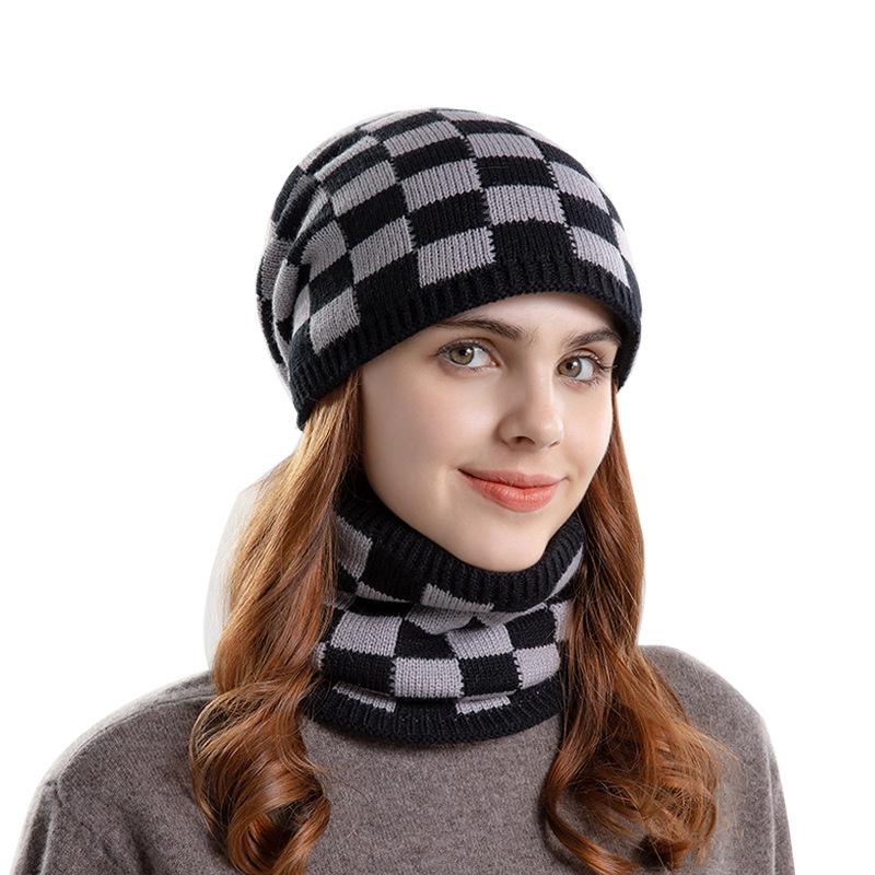 Winter Hat Scarf Set Fleece-lined Warm Earflaps Slipover Woolen Cap Women's Knitted Hat