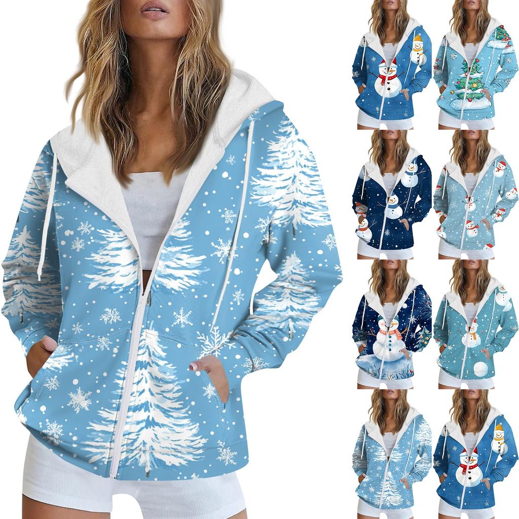 Женская рождественская печатная толстовка осень-зима с длинным рукавом кардиган куртка с карманами на молнии толстовка с капюшоном верхняя одежда