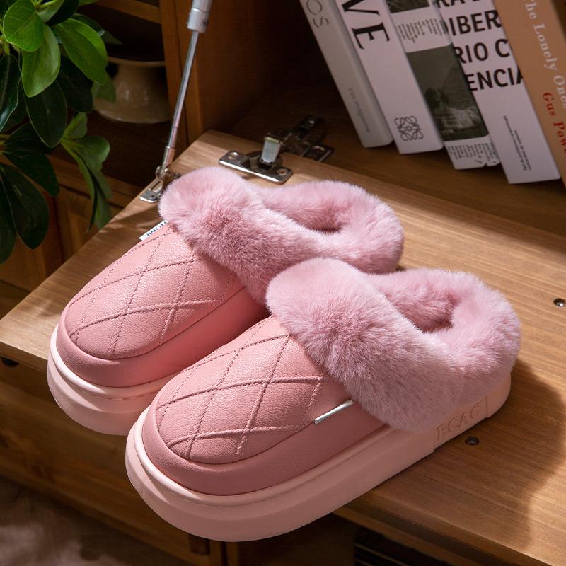 PU Waterproof Cotton Slippers for Women, Autumn and Winter New Thick-Soled Waterproof Fleece-Lined Warm Home and Outdoor Wear Slippers for Men