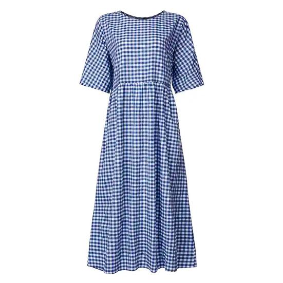 Summer Women Dress O Neck Check Print A-line Big Hem Short Sleeves Pleated Loose Pullover Commute Dating Maxi Dress Daily Long Dress