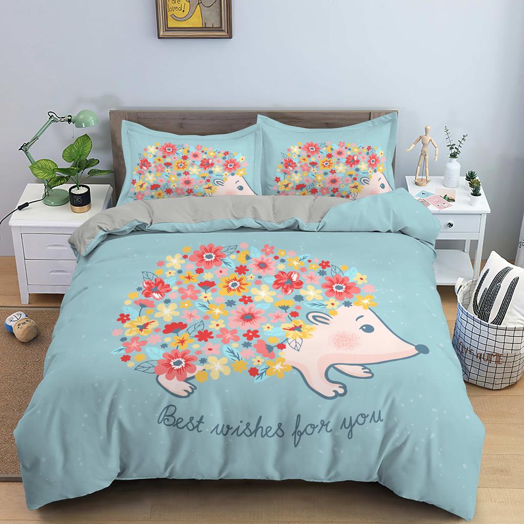 Hedgehog Bedding Set Cute Kawaii Wildlife Comforter Cover With Pillowcases For Kids Boys Girl Polyester Bedding Set King Size