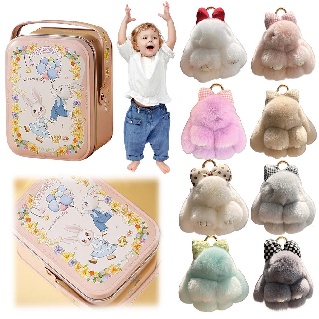 Bunny Pendant Keychain with Tin Box Rabbit Shape Fur Keychain Fluffy Bag Car Charm Key Ring Jewelry For Car Bags Backpacks Gift