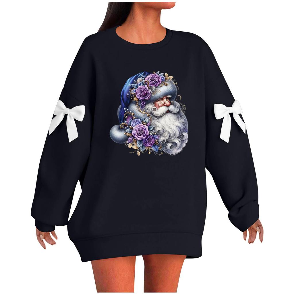 Ladies' Christmas Printed Bow Round Neck Long Sleeved Loose Pullover Sweater Sweatshirt Top