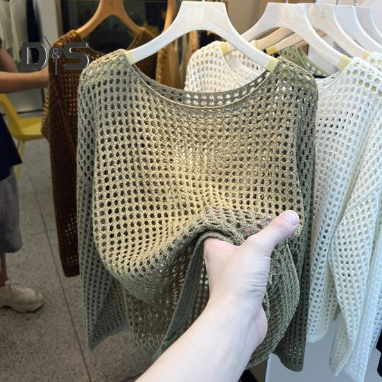 Солнцезащитный чехол с круглым вырезом и длинным рукавом, однотонные трикотажные топы свободного кроя, ажурный трикотажный дизайн, повседневные топы