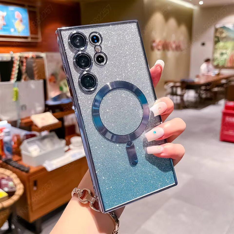 Роскошное покрытие с блестками для магнитного чехла Magsafe для телефона Samsung Galaxy S25 S24 S23 S22 S21 Ultra, мягкий чехол с беспроводной зарядкой