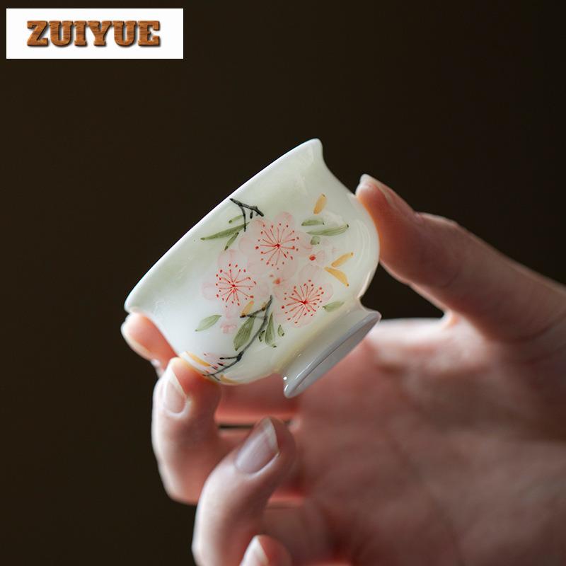 50ml Hand-painted Peach Blossom With Coaster Teacup Boutique Tea Bowl Mug Tea-tasting Smelling Cup Chazhan Master Cups Teaset
