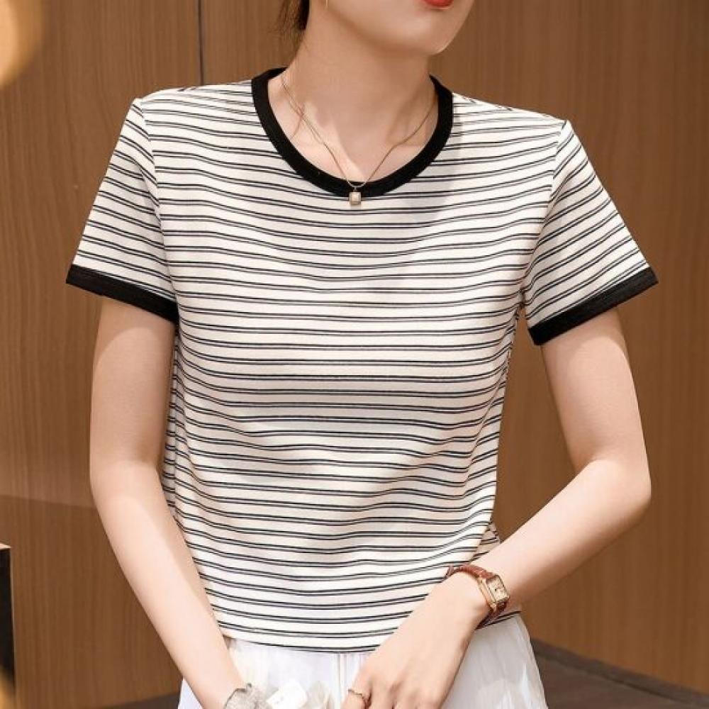 Navava Women Casual STripe Crop Round Neck ShorT Sleeve T shirT nT3324