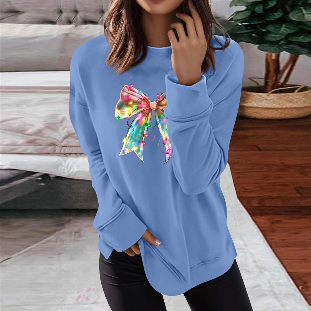 Women's Fashion Casual Christmas Bow Printed Round Neck Top