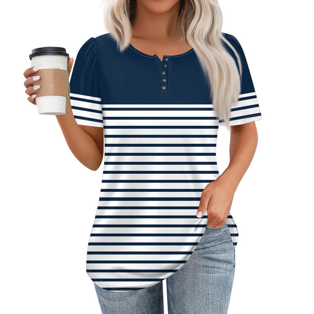 Женский модный повседневный короткий рукав пуловер с принтом на пуговицах и круглым вырезом