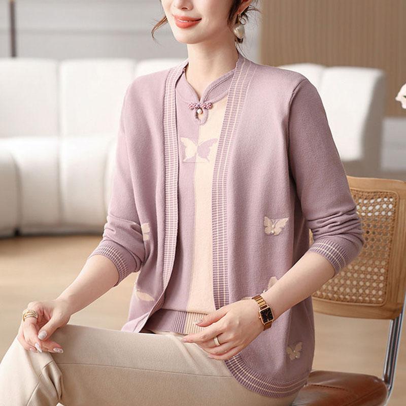 2PC Knitted Tops Suits Spring Autumn Women Knitted Cardigan Jacket Thin Short Sleeve T-Shirt Open-front Knitted Coat Plus Size Knitted T-Shirt Outfits