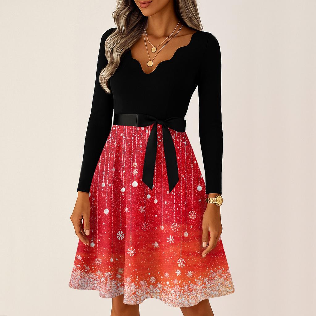 Женские повседневные модные длинные платья с рождественским графическим принтом и длинными рукавами в винтажном стиле
