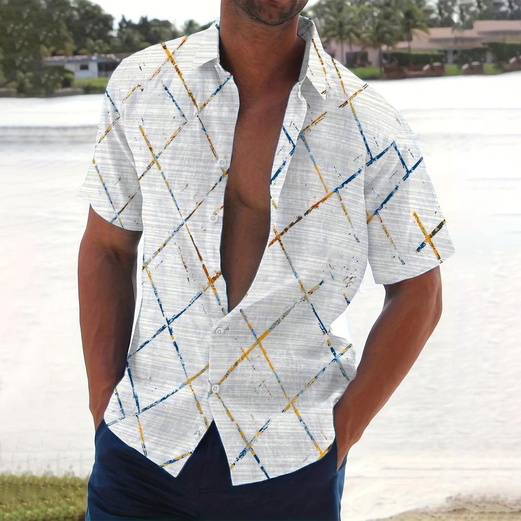 Men's Summer New Loose Print Short Sleeve Shirt Cardigan Beach Shirt