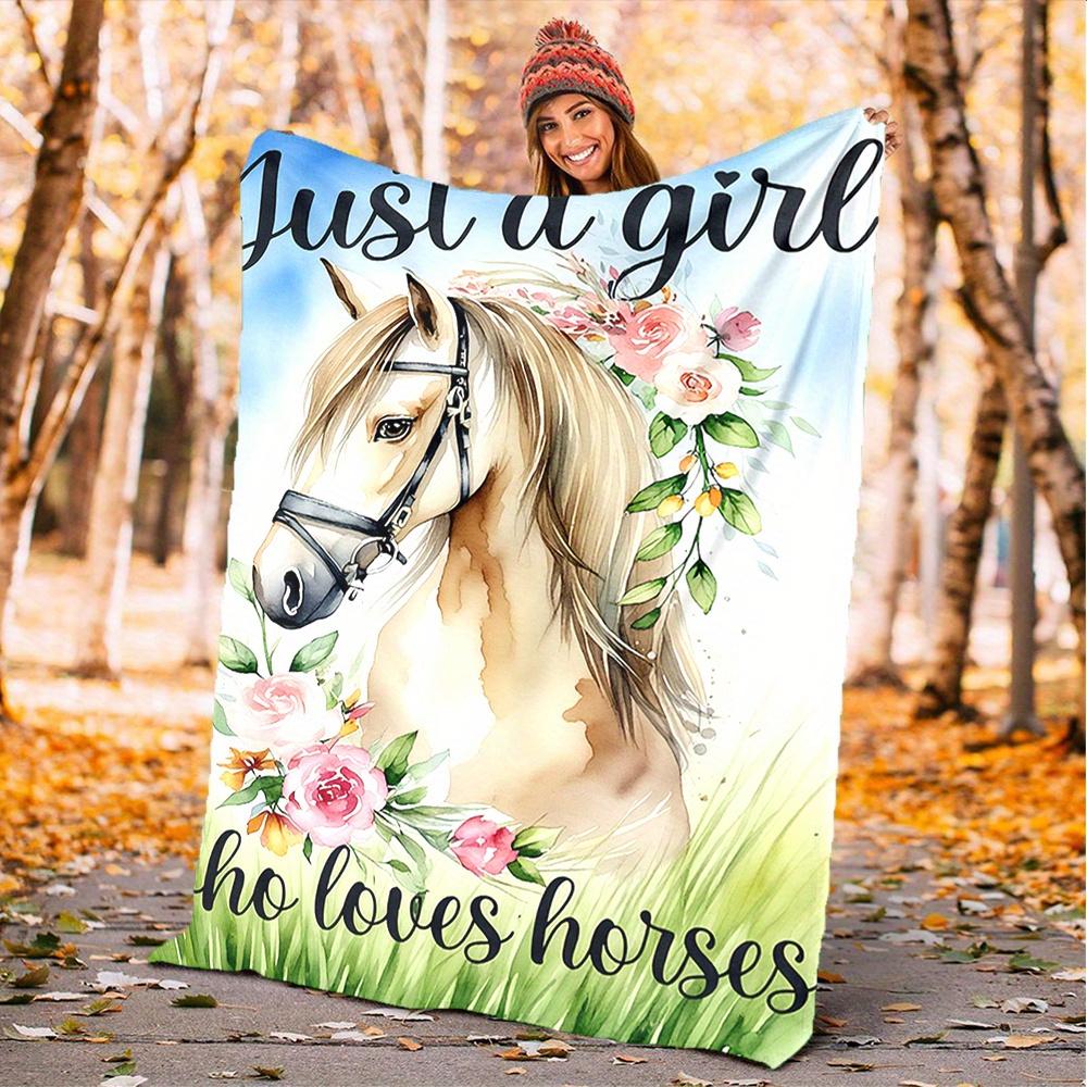 1pc Horse, Flowers, Girl Digital Printed Flannel Blanket, Super Soft Plush Fleece Bed Cover, Multipurpose Four Season Blanket for Sofa, Bed,