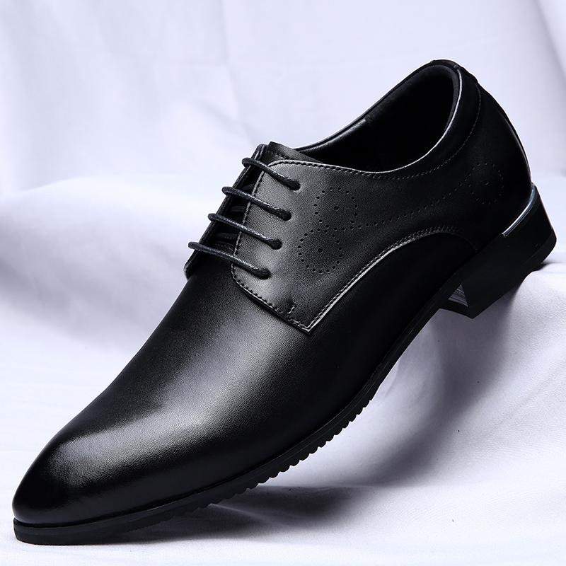 Spring Men's Korean Version Pointed Non Slip Small Leather Shoes Classic Black Lace Up Comfortable Business Casual Leather Shoes