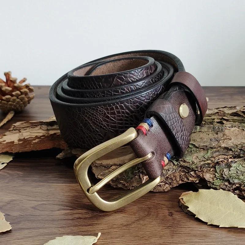 Top Cow Genuine Leather Brass Buckle Belts for Men Luxury Designer High Quality Fashion Style Vintage Embossing Cowboy Male Belt