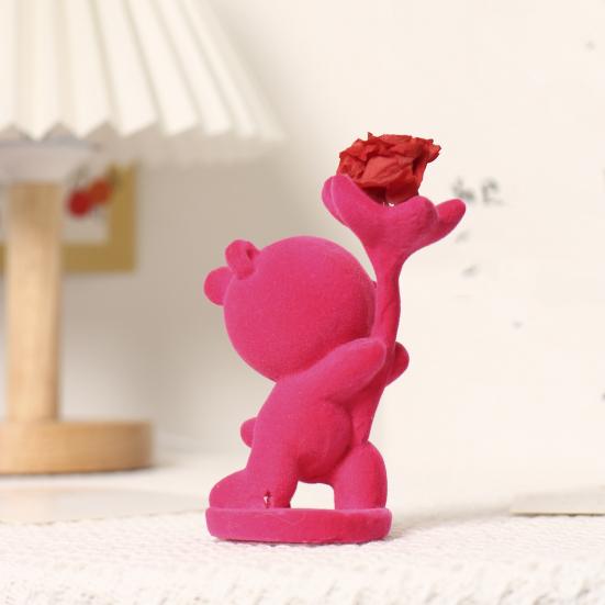 Valentines Day Bear Ornament with Preserved Rose Holding Eternal Flower Flocking Bear Decoration Wedding Anniversary Romantic Gift