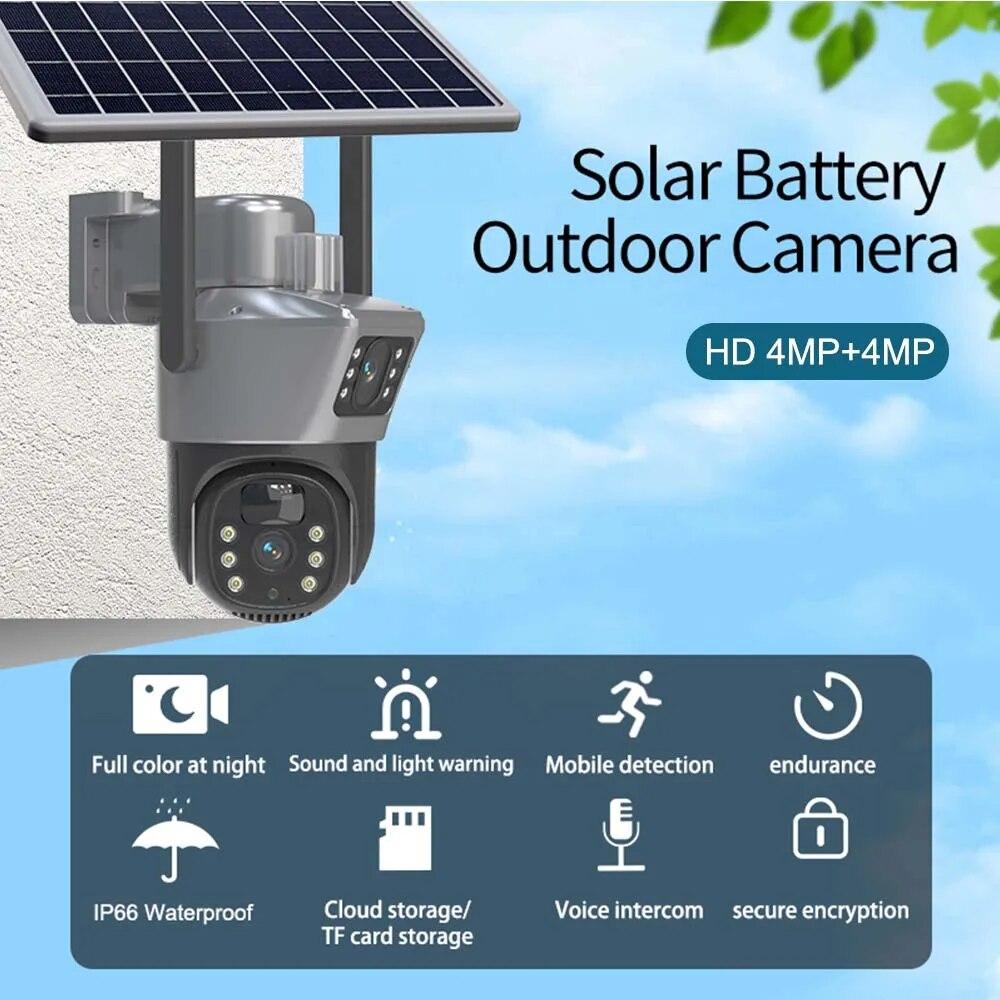 4K 8MP Dual Lens Solar Camera Outdoor Security WiFi Surveillance Cameras With Solar Panel PIR Human Detection PTZ CCTV Camera