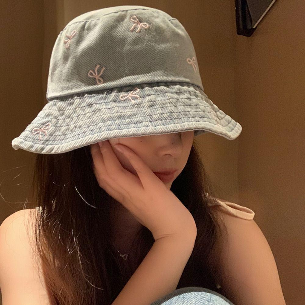 Шляпа-ведро Y2K из денима с большими полями, солнцезащитный козырек, закрывающий раковину, шляпа ковбоя-рыбака с бантом для женщин