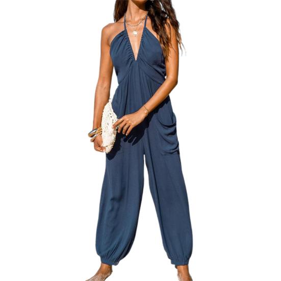 Женский комбинезон макси с плиссировкой, глубоким V-образным вырезом, цельный, длинные брюки для бега с карманами, повседневный пляжный комбинезон без рукавов