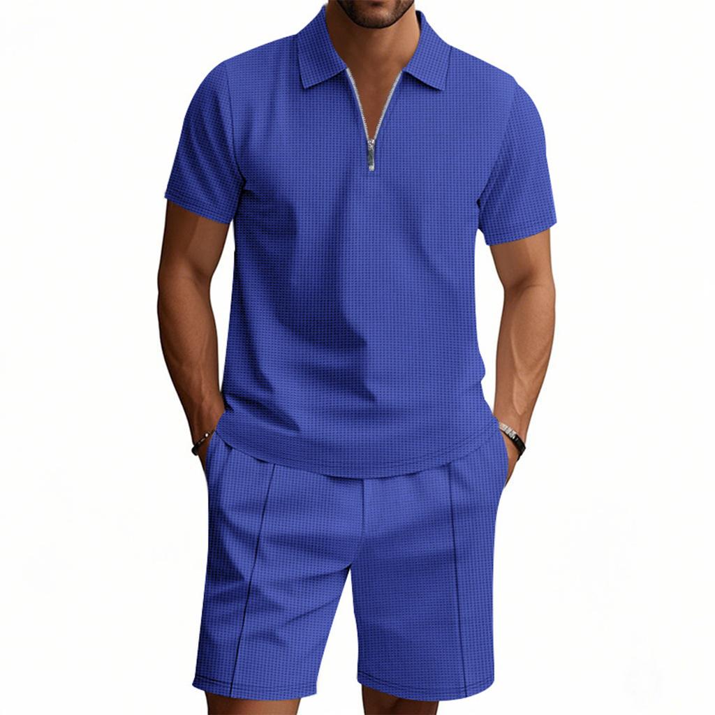 Men'S Solid Color Casual Collar Short Sleeved Shorts Two-Piece Set