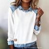 Women's Clothing, Denim Collar Long Sleeved Pullover Spliced Knit Sweater Top
