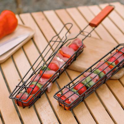 Корзина для гриля кебаба с деревянной ручкой из нержавеющей стали, портативная антипригарная корзина для овощей, креветок, мяса, хот-догов, гриль-барбекю, сетка, инструменты для барбекю