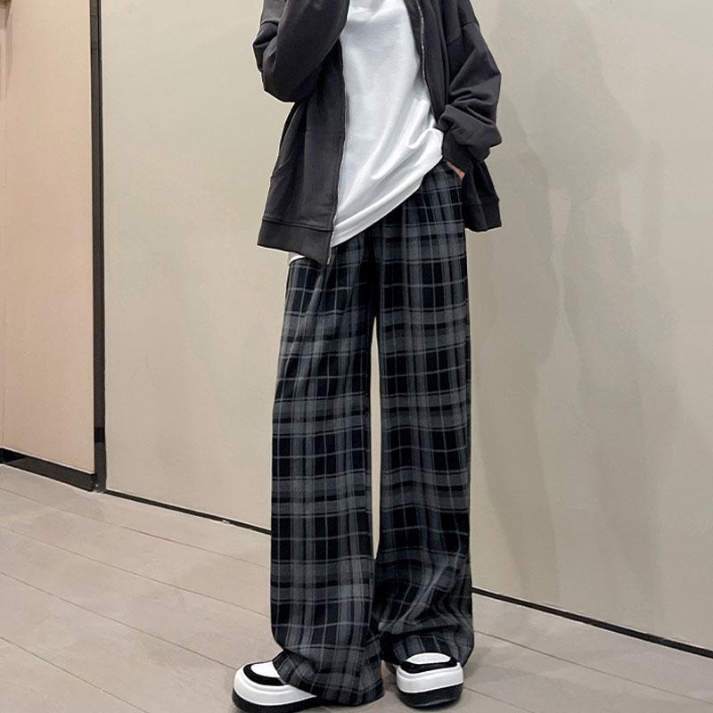 Women's Black & White Plaid Wide-Leg Trousers - Loose Fit, Floor-Length, Perfect for Spring/Autumn