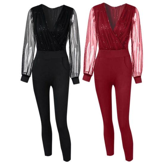 Женский весенний комбинезон, сетчатый обтягивающий элегантный комбинезон с V-образным вырезом и талией для офиса