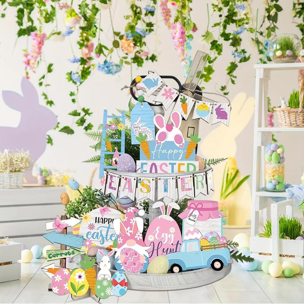 Пасхальный многоярусный поднос, декоративные деревянные поделки, морковный кролик, настольный кухонный орнамент