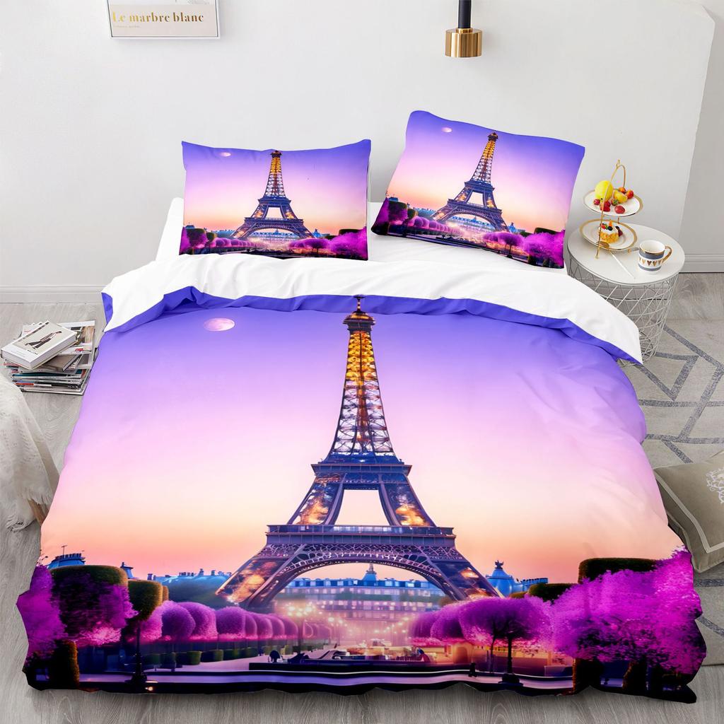 Paris Tower Pattern Duvet Cover, Cartoon City Architecture Bedding Set,Tower Quilt Cover for Kids Adults Bedroom Decoration
