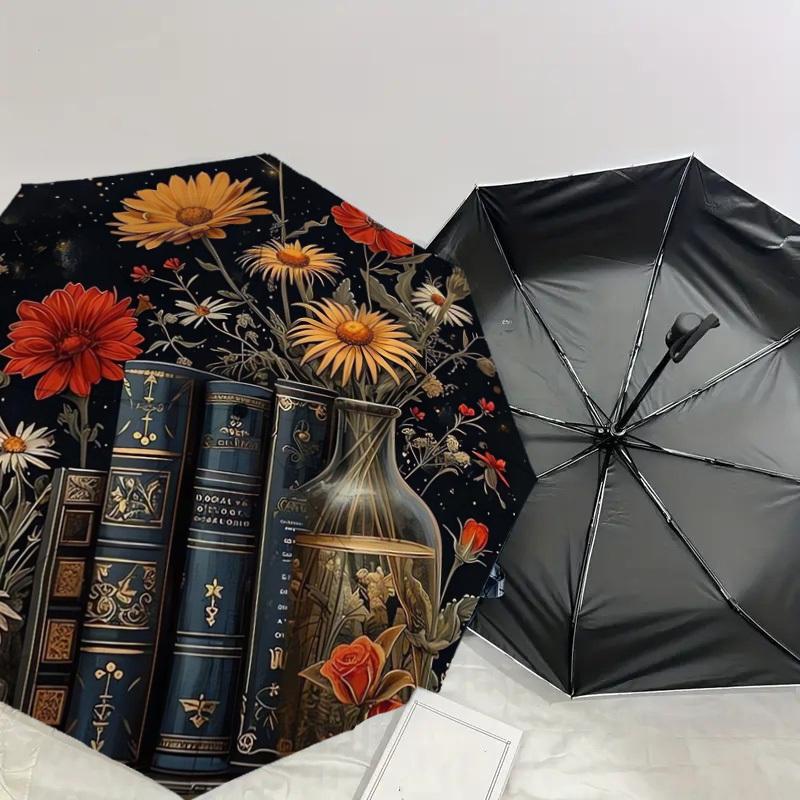 1pc Floral Bookshelf Night Garden Umbrella with Plastic Handle,Suitable for All Seasons Home Travel Outdoor UmbrellaDD442