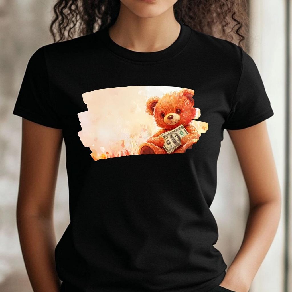T-Shirt Frauen Teddybär mit Geld Motiv Baumwolle Größe XS bis 3XLWird in neuem Fenster oder Tab geöffnet