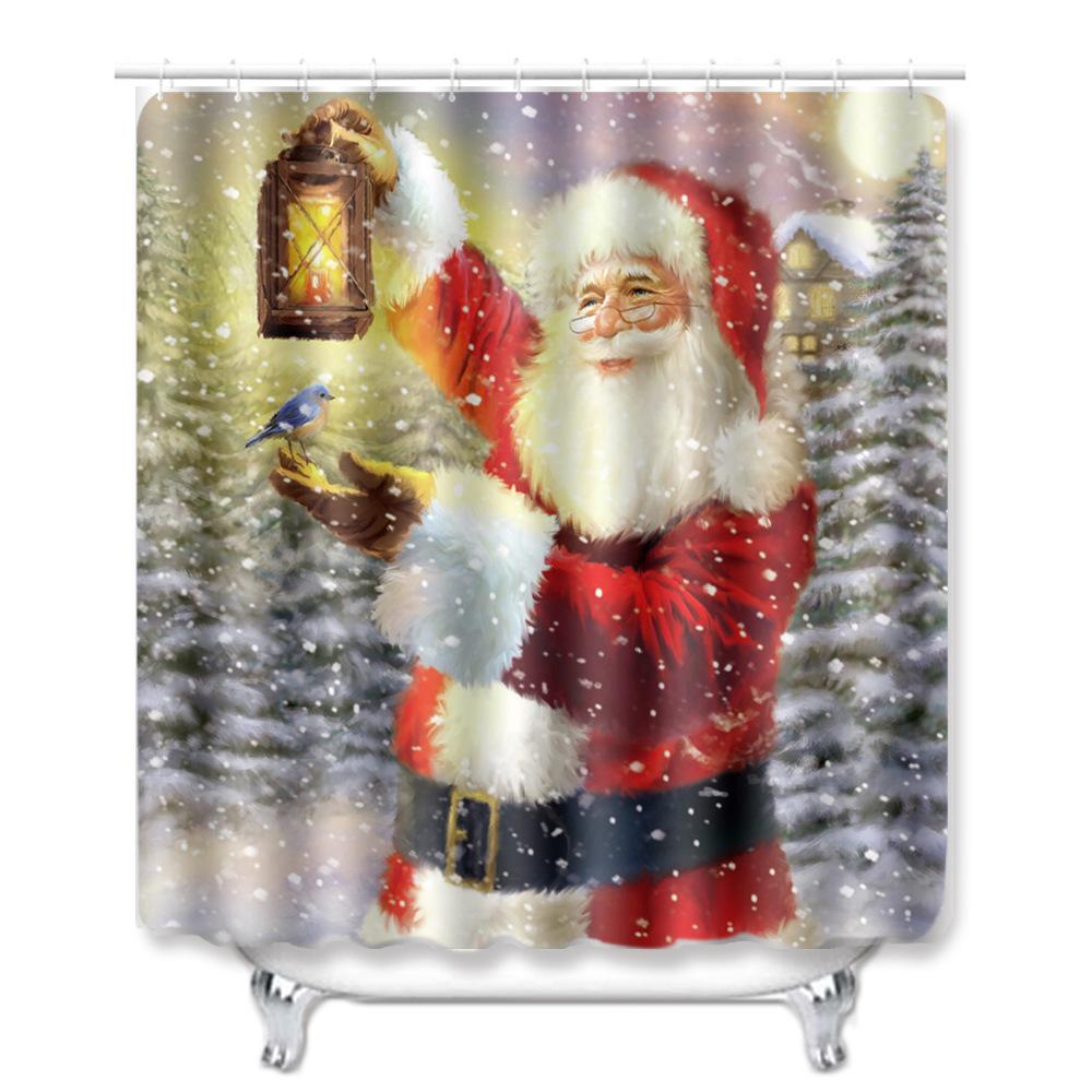 Christmas Shower Curtain Floor Mat Combination Four-Piece Set Bathroom Toilet Carpet Shower Room Mat Foot Mat