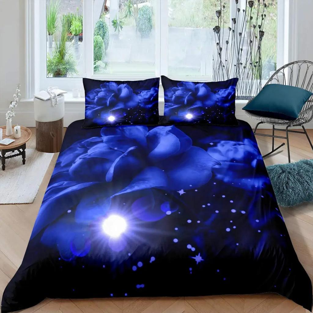 Blue Rose Duvet Cover Set King Size 3D Printed Blossom Flowers Bedding Set Valentine'S Day Botanical Polyester Comforter Cover