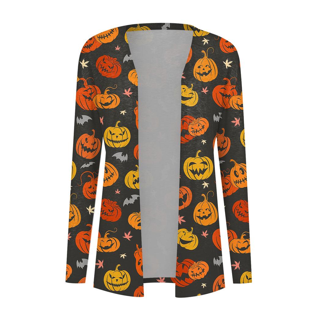 Women's Fashion Casual Floral Halloween Print Medium Length Cardigan Jacket Coat