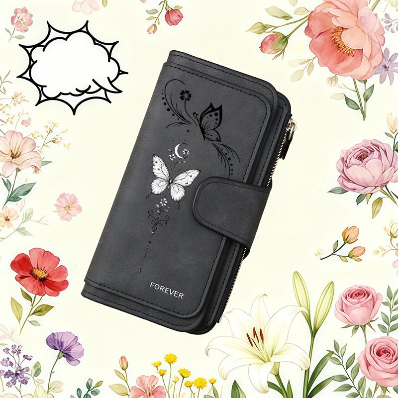 Butterfly-themed women's long wallet, multifunctional and portable, with snap closure, suitable for storing coins, ideal for birthday gifts or