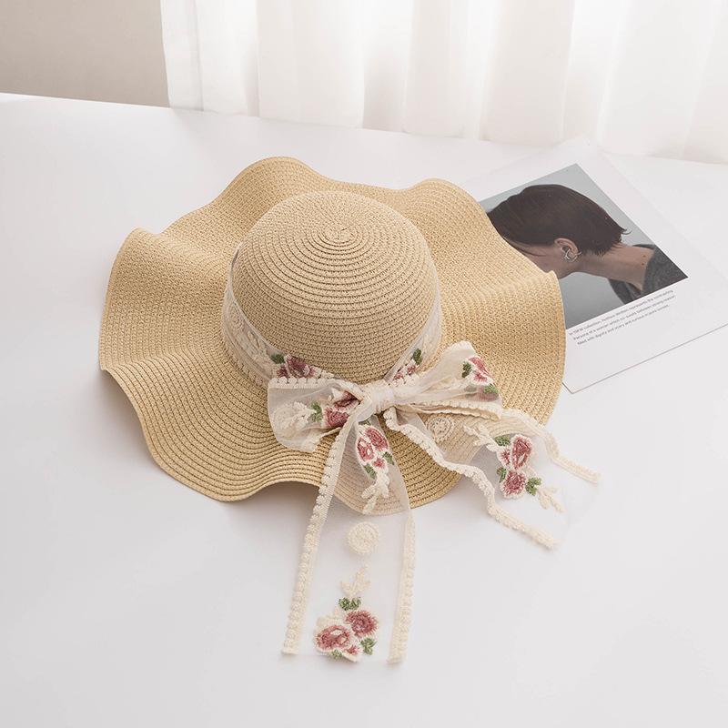 Straw Wide Brim Sun Hat Bowknot Breathable Lace Up Beach Hats Sun Protection Elasticity Hat for Women
