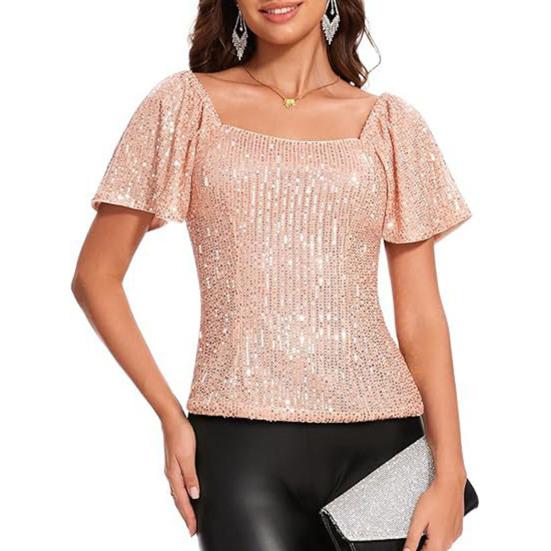 Women Tops Square Collar Puff Short Sleeve Sequin Tops Glitter Sparkling Party Blouse Evening Party Tops