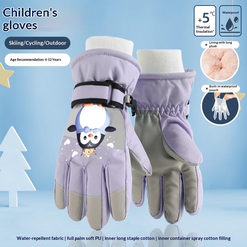Multi Size Customized Winter Kids Unisex Ski Gloves Fleece Lined Waterproof Anti Slip Palm Cartoon Pattern Outdoor Sports